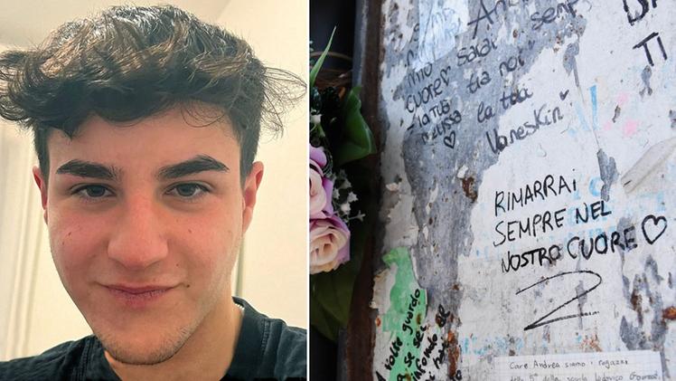 Andrea Boschieri, 18 anni, e il murale realizzato dagli amici sul luogo dell'incidente
