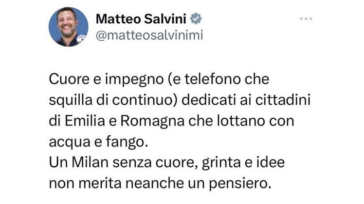 Il tweet di Matteo Salvini poi cancellato
