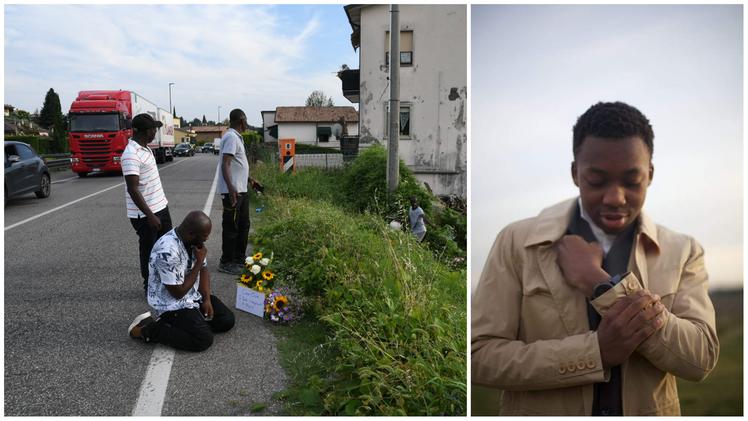 Chris Abom e, a sinistra, il padre che prega in ginocchio sul luogo dell'incidente, dove gli insegnanti del ragazzo hanno lasciato dei fiori (Pecora)