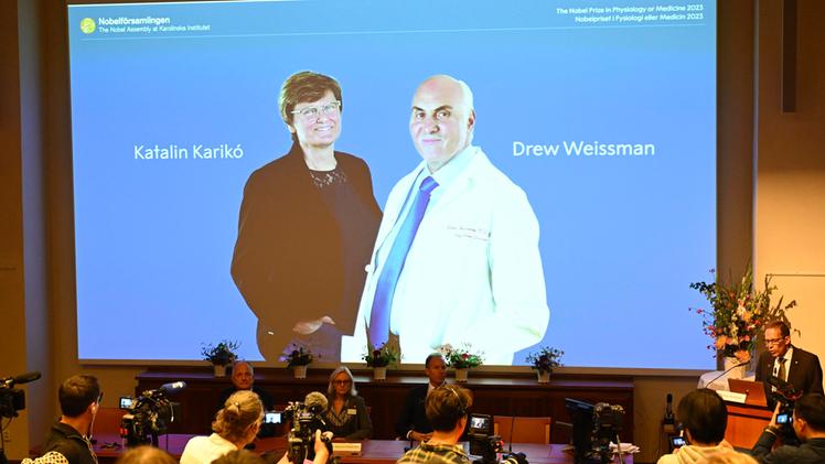 L'annuncio del Nobel per la Medicina a Karikò e Weissman (Foto ANSA/EPA)