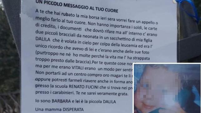 L'appello è stato anche affisso a Roma, nella speranza che chi ha portato via la borsa di questa mamma si convinca a restituirle i ricordi della sua bimba