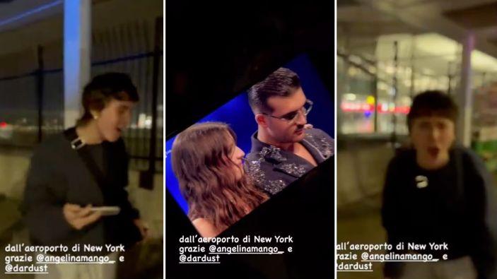Alcuni frame di storie Instagram da Madame che ha esultato  in diretta per la vittoria di Angelina Mango, dall'aeroporto di New York