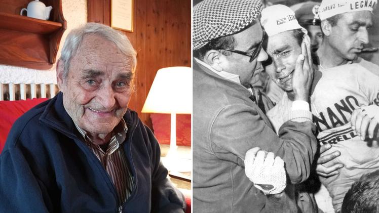 A sinistra Imerio Massignan, originario di Valmarana, 87 anni; a destra le lacrime dopo il Gavia nel Giro d'Italia del 1960