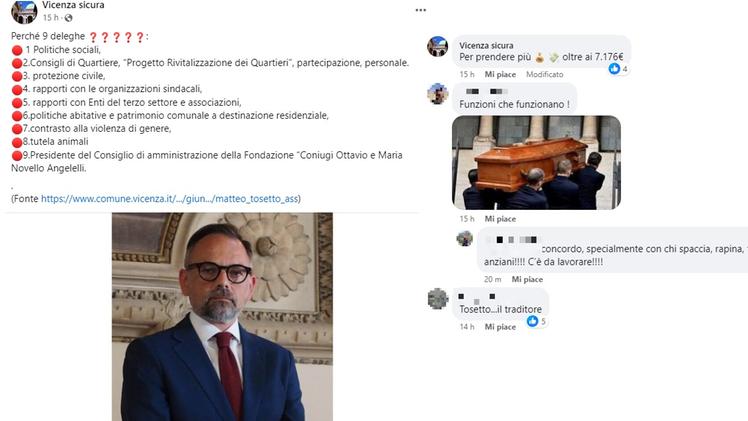 I commenti comparsi sulla pagina Facebook "Vicenza sicura" contro l'assessore Tosetto