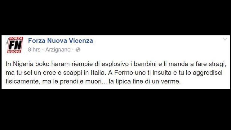 Il post (poi rimosso) sulla pagina Facebook di Forza Nuova Vicenza