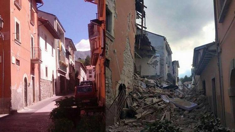 Prima e dopo: la casa natale del professore di Schio è la prima a sinistra, crollata per metà. S.D.C.