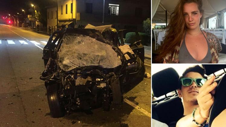 L'auto e le due vittime: Chiara Maschio e Filippo Miotti (foto Facebook)