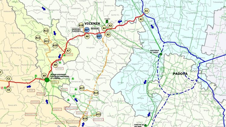 La  mappa dei piani inviati dalla Regione per portare acqua pulita dai Pfas alla centrale di Lonigo