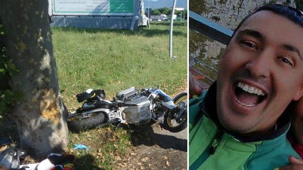 La vittima, Cristian Fontana, e la moto dopo l'incidente. FOTO CISCATO