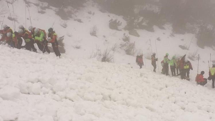I volontari del Soccorso alpino intenti a sondare l’ampio fronte della valanga staccatasi ieri sul Carega