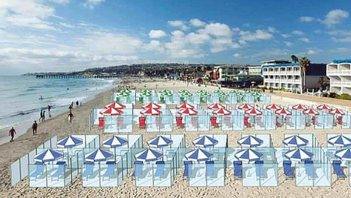 Il rendering su una spiaggia romagnola dei box in plexiglass tra ombrelloni e lettini. ANSA