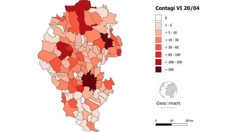 La mappa del contagio in provincia di Vicenza (Facebook Geo5mart)