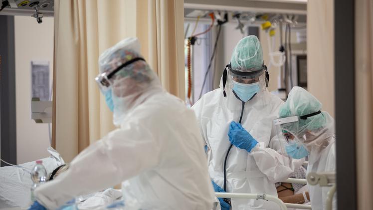 Medici e infermieri di un reparto Covid dell’ospedale Sant’Orsola di Bologna, dove è morto l’insegnante vicentino