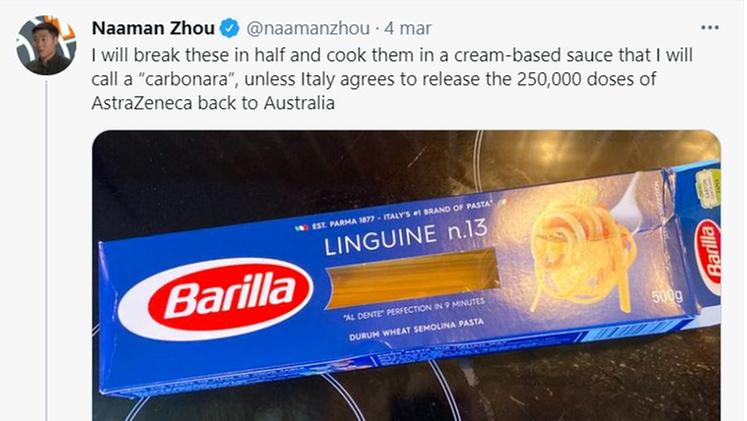 Il tweet che ha dato il via all'ironica levata di scudi contro la pasta in Australia
