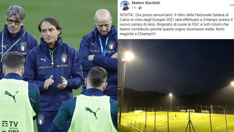 Il ct degli azzurri Mancini e, a destra, il post di Macilotti con la foto del campo di Arso