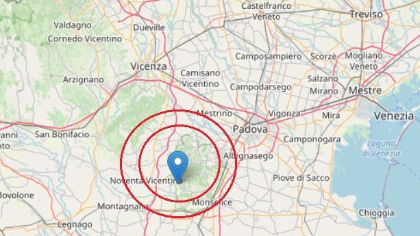 L'epicentro nel Parco dei Colli Euganei (fonte OpenStreetMap)