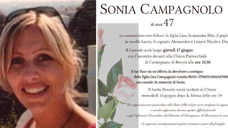 Sonia Campagnolo, 47 anni, e l'epigrafe con l'Iban per la figlia