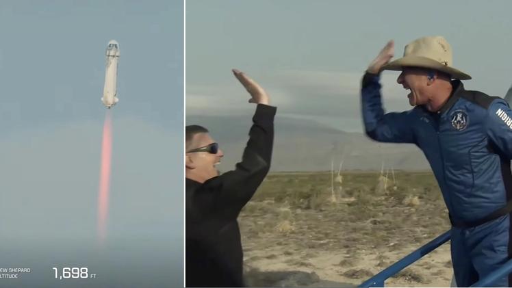 Il lancio della navetta New Shepard della Blue Origin e la gioia di Bezos dopo l'atterraggio (Foto EPA/BLUE ORIGIN)