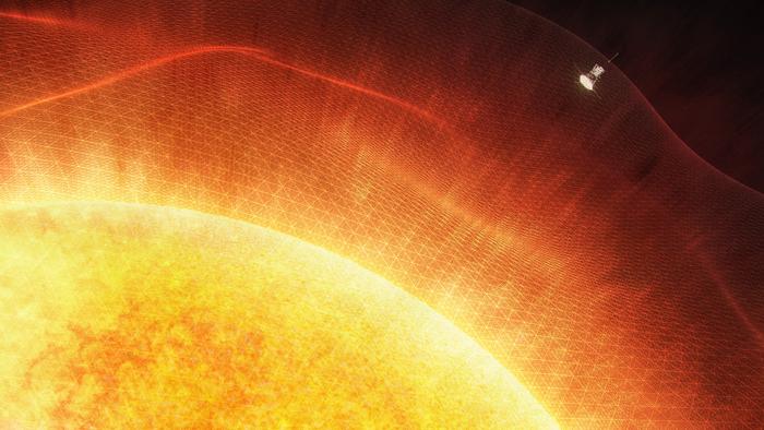 Rappresentazione artistica dell'ingresso della Parker Solar Probe nell'atmosfera solare (fonte: NASA's Goddard Space Flight Center/Joy Ng)