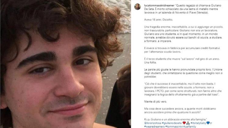 Giuliano De Seta, lo studente 18enne di Ceggia morto il 16 settembre scorso, in un incidente in fabbrica, in una foto tratta da instagram