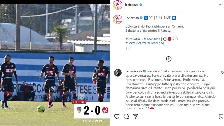Il commento di Renzo Rosso su Instagram dopo la sconfitta contro la Pro Patria